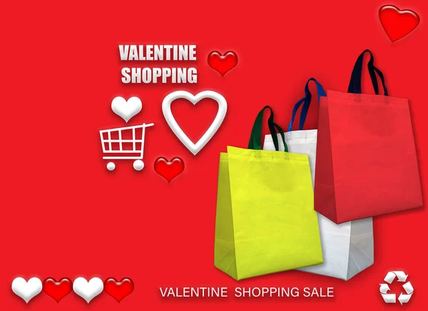 Walentynkowe Torby Eco Szczęśliwych Walentynek Zakupy Torebki Wyprzedaż Baner Sercem — Zdjęcie stockowe