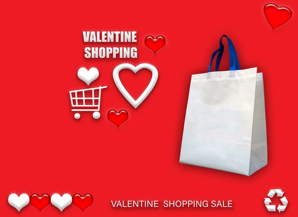 情人节礼物Eco包 情人节快乐购物袋销售横幅与心和购物篮 复制文本空间 — 图库照片