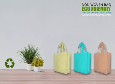 Boş Mokup Poşetler Masada beyaz arkaplan ile izole edildi. ECO torbaları. Metin için Boşluğu Kopyala.