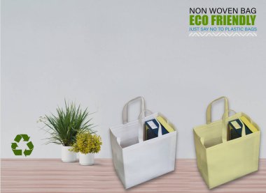 Boş Mokup Poşetler Masada beyaz arkaplan ile izole edildi. ECO torbaları. Metin için Boşluğu Kopyala.