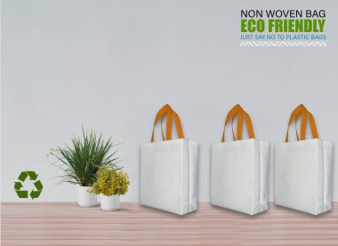 Boş Mokup Poşetler Masada beyaz arkaplan ile izole edildi. ECO torbaları. Metin için Boşluğu Kopyala.