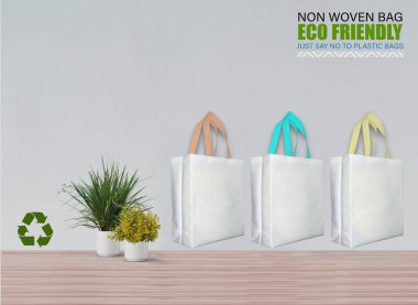 Boş Mokup Poşetler Masada beyaz arkaplan ile izole edildi. ECO torbaları. Metin için Boşluğu Kopyala.