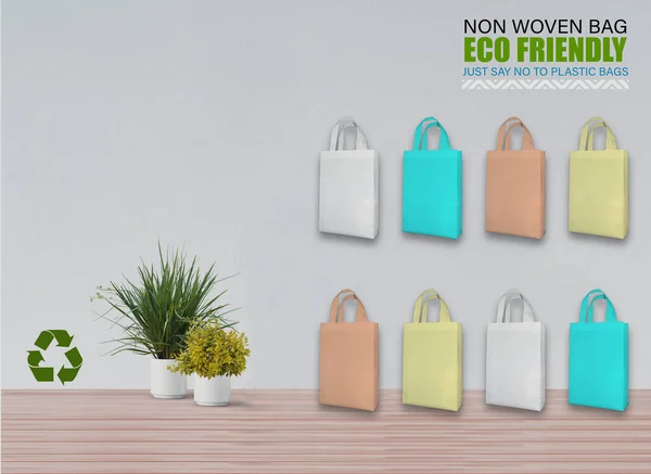 Bolsas Mockup Vacías Aisladas Mesa Con Fondo Blanco Bolsas Eco — Foto de Stock