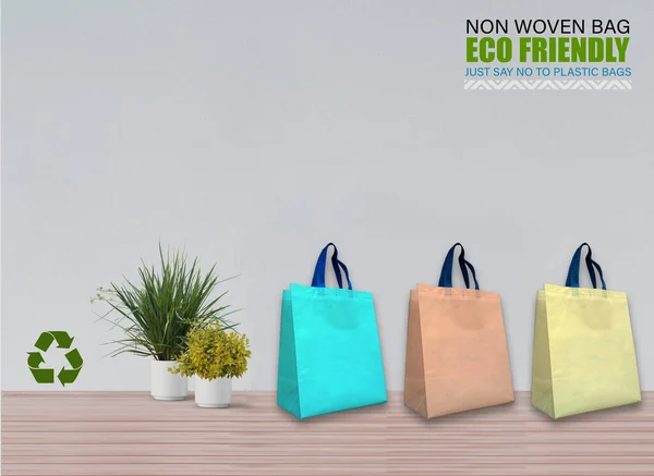 Bolsas Mockup Vacías Aisladas Mesa Con Fondo Blanco Bolsas Eco — Foto de Stock