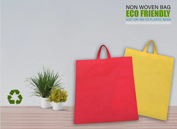 Bolsas Mockup Vacías Aisladas Mesa Con Fondo Blanco Bolsas Eco — Foto de Stock