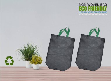 Boş Mokup Poşetler Masada beyaz arkaplan ile izole edildi. ECO torbaları. Metin için Boşluğu Kopyala.