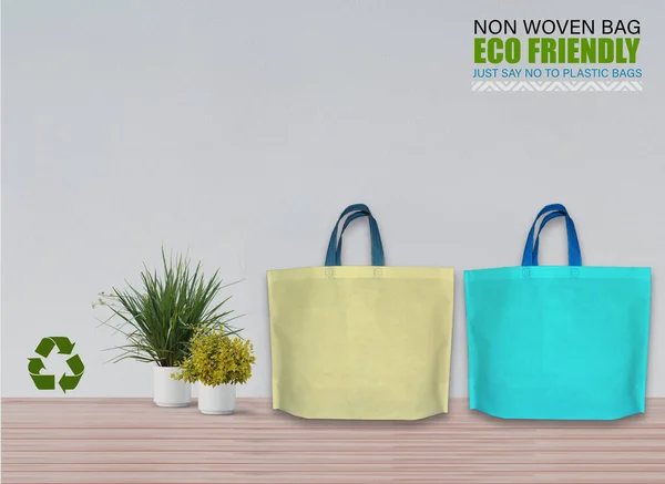 Bolsas Mockup Vacías Aisladas Mesa Con Fondo Blanco Bolsas Eco — Foto de Stock