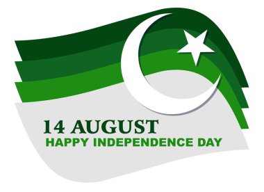 Pakistan 'ın bağımsızlık günü, 14 Ağustos Tasarım İllüstrasyonu. Tebrik kartı. Beyaz arkaplanda Pakistan bayrakları sallanıyor