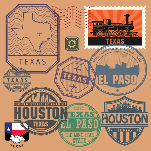 Set di francobolli con il nome e la mappa di Texas, Stati Uniti — Vettoriale Stock