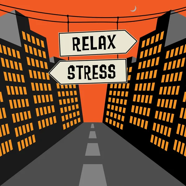 Señales de tráfico en una calle con texto Relax o estrés — Vector de stock