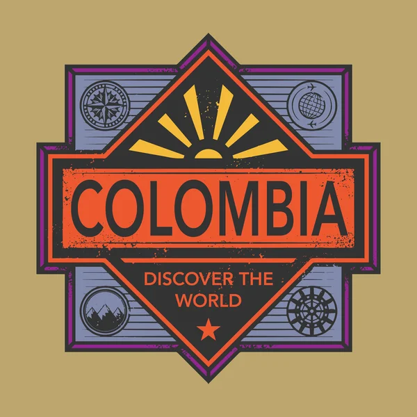 Sello o emblema vintage con texto Colombia, Descubrir el mundo — Vector de stock