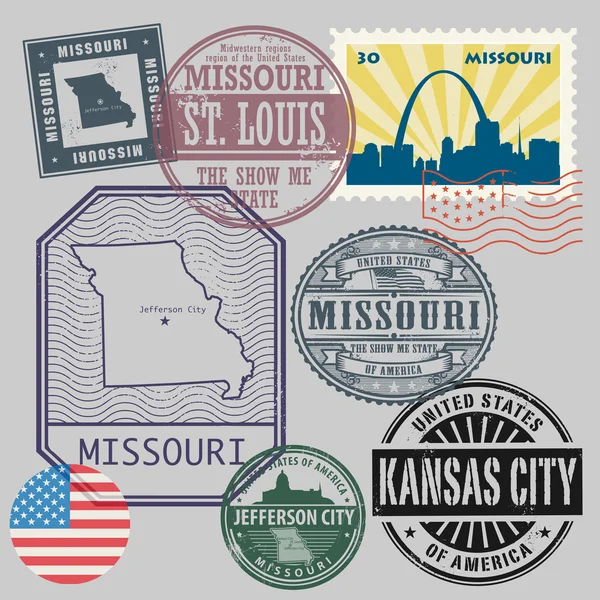 Pieczęć z nazwą i mapę z Missouri, Stany Zjednoczone — Wektor stockowy
