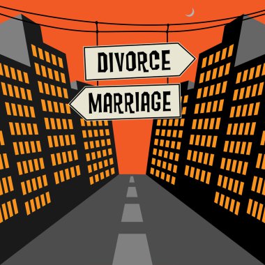 Road sign with opposite arrows and text Divorce - Marriage clipart