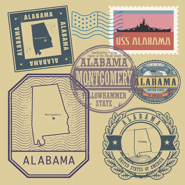 Stamp set with the name and map of Alabama, United States — Stock Vector