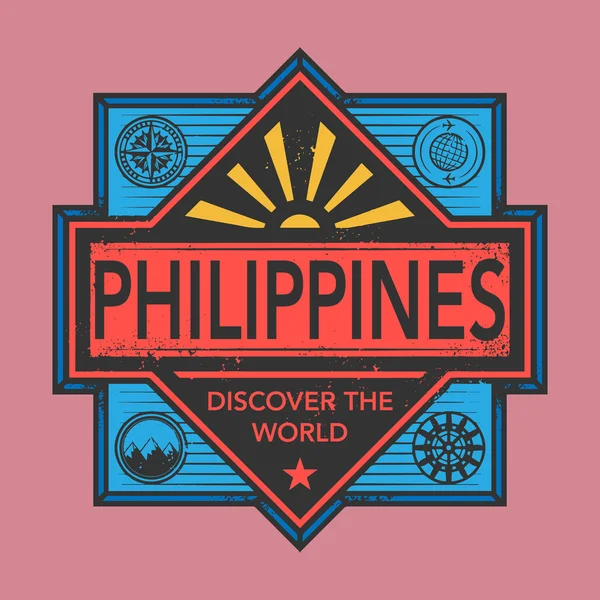 Timbre ou emblème vintage avec texte Philippines, Découvrir le monde — Image vectorielle