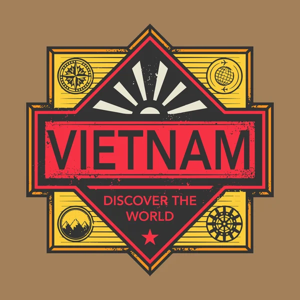 मजकूर व्हिएतनाम सह मुद्रांक किंवा द्राक्षांचा चिन्ह, जगाचा शोधा — स्टॉक व्हेक्टर