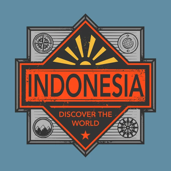 Sello o emblema vintage con texto Indonesia, Descubrir el mundo — Vector de stock
