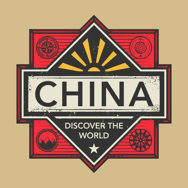 Pul ya da metin Çin, vintage amblemi keşfetmek dünya — Stok Vektör