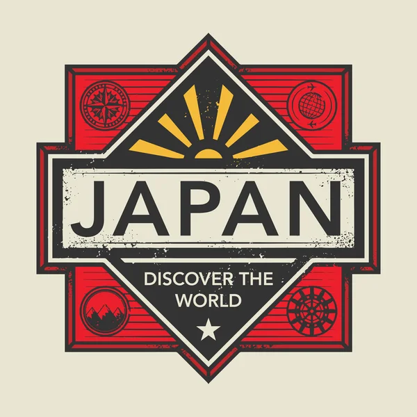 Pul ya da metin Japonya, vintage amblemi keşfetmek dünya — Stok Vektör
