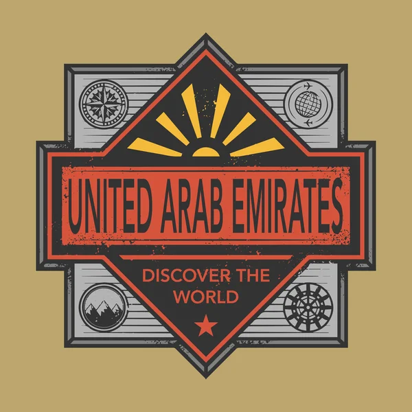 Timbre ou emblème vintage avec texte Émirats arabes unis, Découvrir — Image vectorielle
