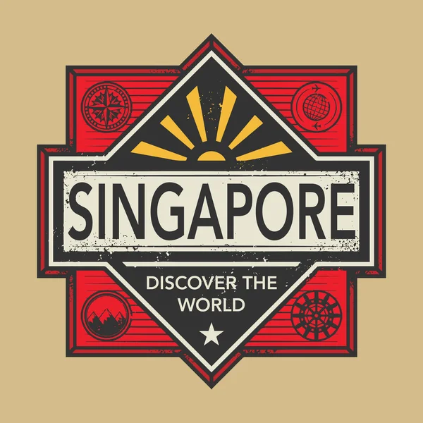 Razítko nebo vinobraní emblém s textem Singapur, Objevte svět — Stockový vektor