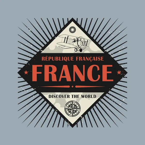 Stamp or vintage emblem with text France, Discover the World — Stock Vector