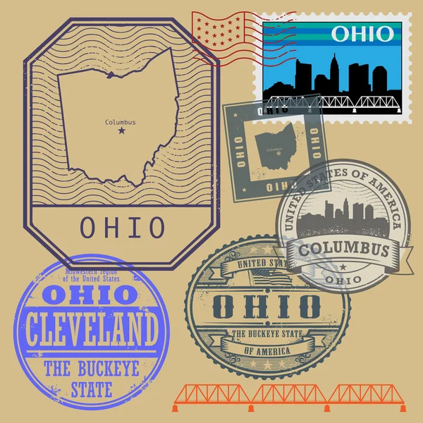 Set de sellos con el nombre y el mapa de Ohio, Estados Unidos — Vector de stock