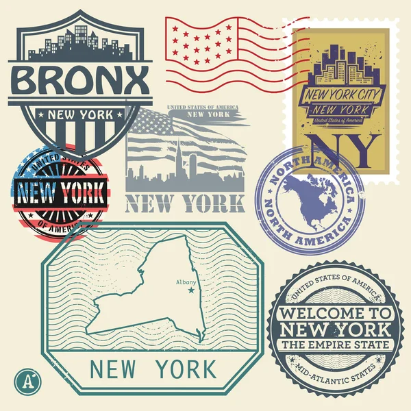 スタンプ セット名と地図のニューヨーク、アメリカ合衆国 — ストックベクタ