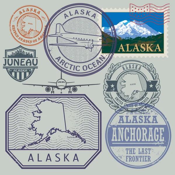 Set de sellos con el nombre y el mapa de Alaska, Estados Unidos — Vector de stock