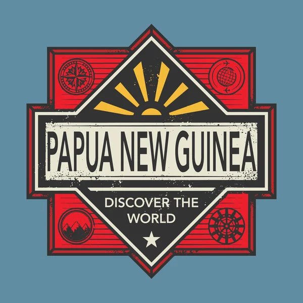 Винтажная эмблема с текстом Папуа - Новая Гвинея, Откройте для себя мир — стоковый вектор