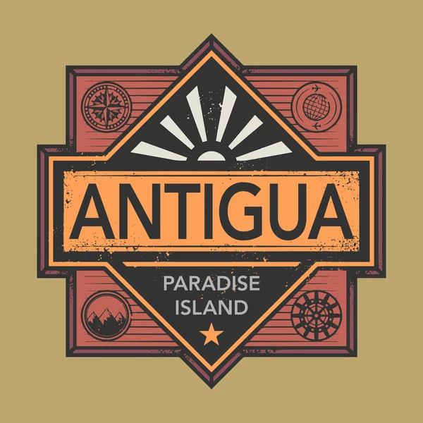 Stämpel eller vintage emblem med texten Antigua, upptäcka världen — Stock vektor