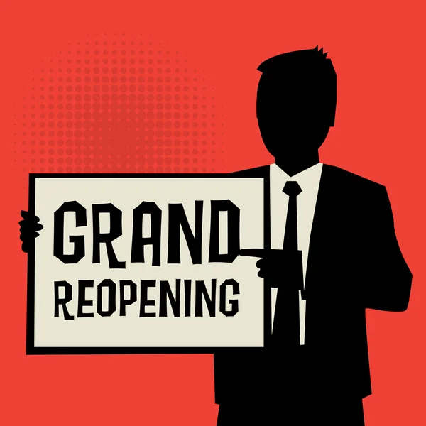 Hombre mostrando tablero, concepto de negocio con texto Grand Reopening — Vector de stock