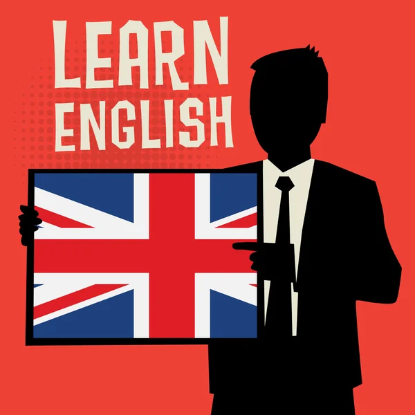 ボードを示す男、テキストでビジネスコンセプトを学ぶ英語を学ぶ — ストックベクタ