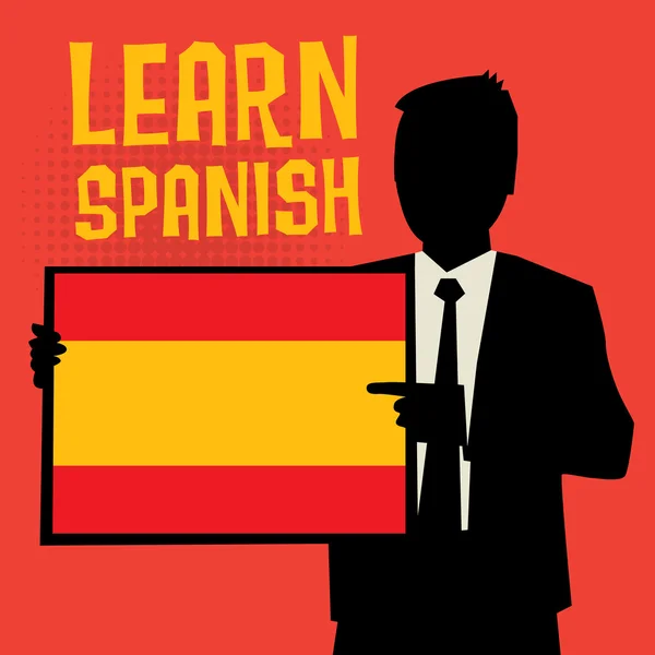 Homem mostrando quadro, conceito de negócio com texto Aprenda espanhol — Vetor de Stock