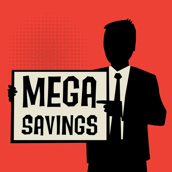 Man showing board, business concept with text Mega Savings — Stock Vector