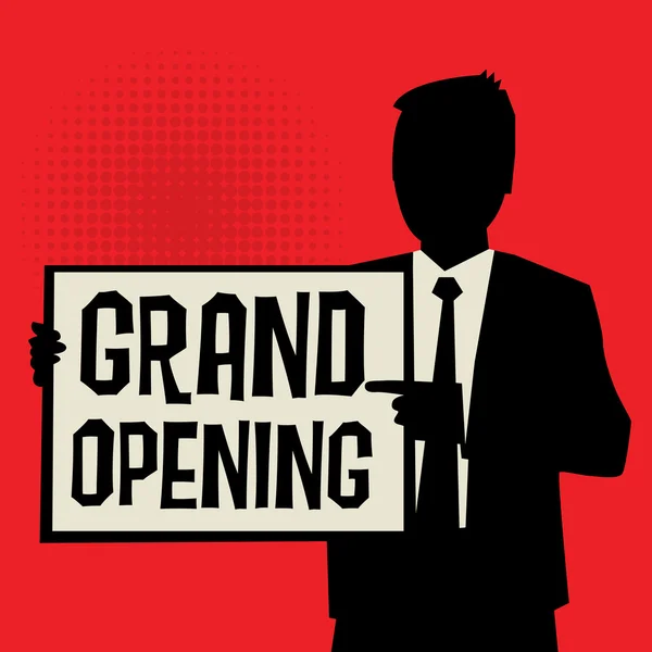 Uomo che mostra bordo, concetto di business con testo Grand Opening — Vettoriale Stock