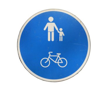 There sign for pedestrians and cyclists on street. Sign pedestrian and bicycle lane with traffic separation, on white background