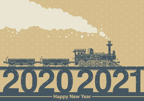 Nieuwjaarskaart Met Een Vintage Stoomtrein Vectorillustratie — Stockvector