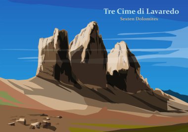 Mount Three Peaks (Tre Cime di Lavaredo) - peaks in the Dolomites of northeastern Italy. Mountain adventure background, vector illustration clipart