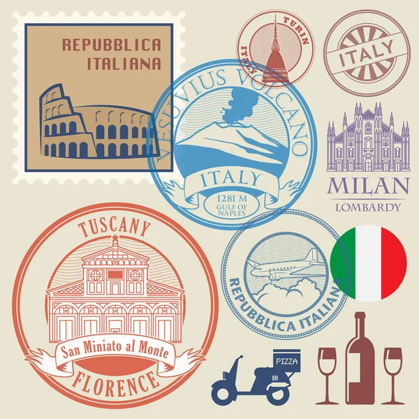 Набор Резиновых Штампов Иконок Италия Тема Векторная Иллюстрация — стоковый вектор