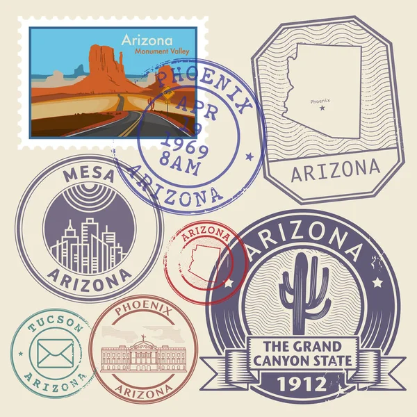 Selos Com Nome Arizona Estado Grand Canyon Ilustração Vetorial — Vetor de Stock