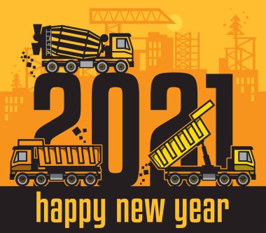 Endüstriyel inşaat makineleri, Mutlu yıllar 2021 kartı, vektör illüstrasyonu