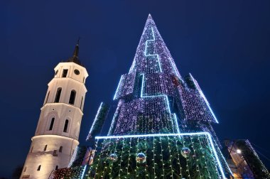 Vilnius, Litvanya - Aralık 04: 00 Vilnius, Litvanya 'da Noel ağacının gece manzarası.