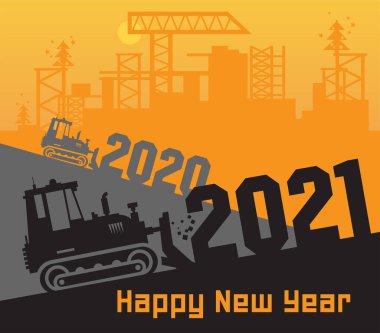 Buldozer, inşaat güç makineleri inşaat alanında büyük buldozer, yeni yıl 2021 kartı, vektör illüstrasyonu.