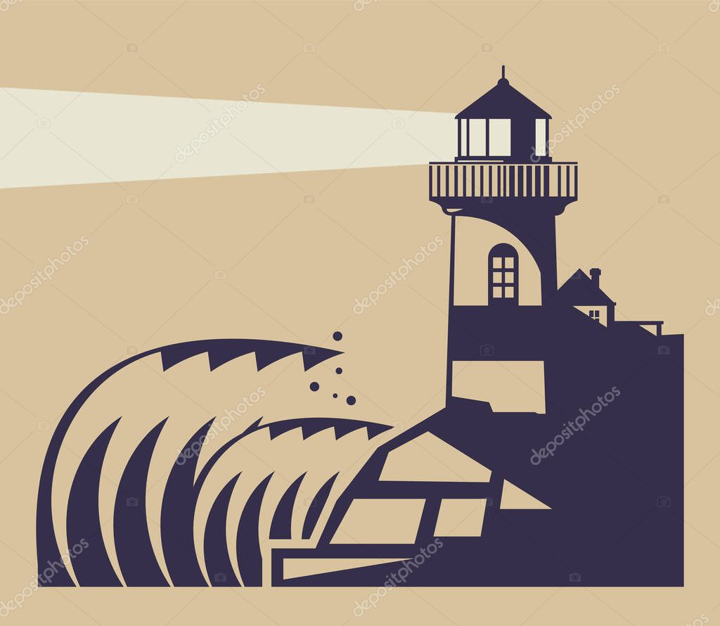 Lighthouse, Beacon, Lighthouse Stands on Rocks, vector Illustration