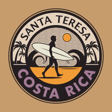 Santa Teresa, Kosta Rika sörfçü çıkartması, pul ya da işaret tasarımı, vektör illüstrasyonu