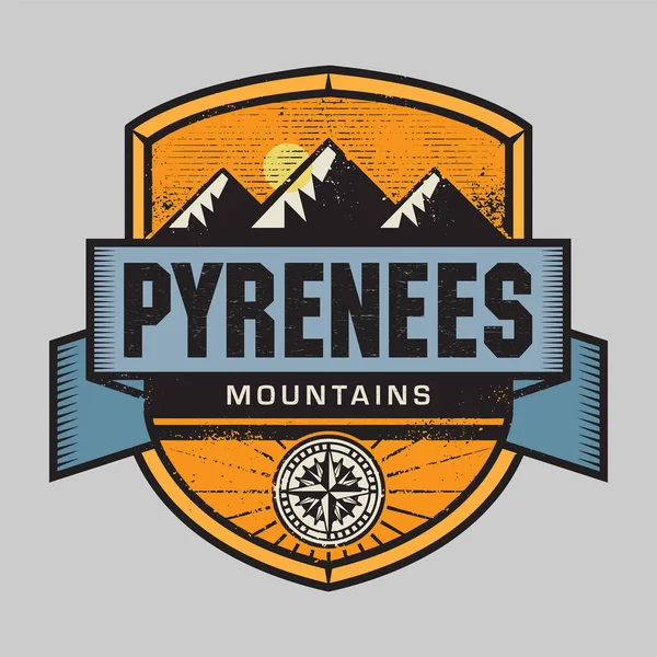 带有文本Pyrenees Mountains的古董徽章 矢量图解 — 图库矢量图片