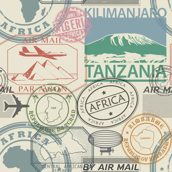 Płynny Wzór Gumowymi Znaczkami Wizowymi Paszporcie Tekstem Afryka Tanzania Czad — Wektor stockowy