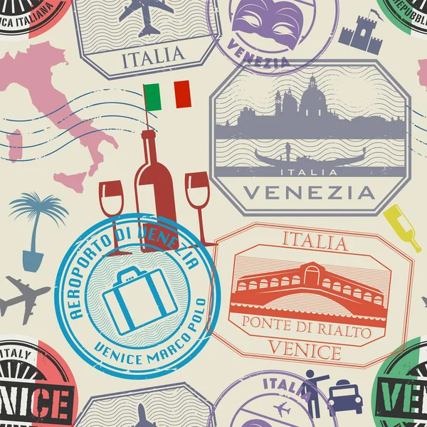 无缝图案 国际商务旅行签证邮票或符号集 意大利 威尼斯主题 矢量图解 — 图库矢量图片