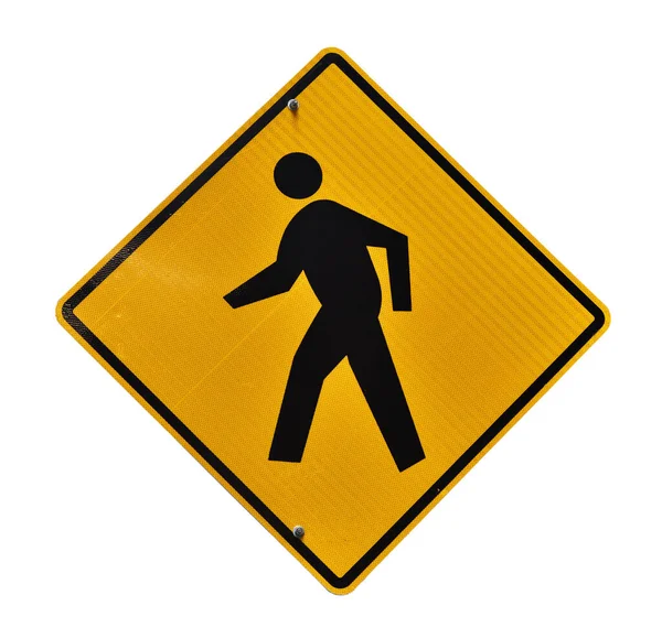 Пішохідний Старий Жовтий Дорожній Знак Ізольований Білому Тлі — стокове фото